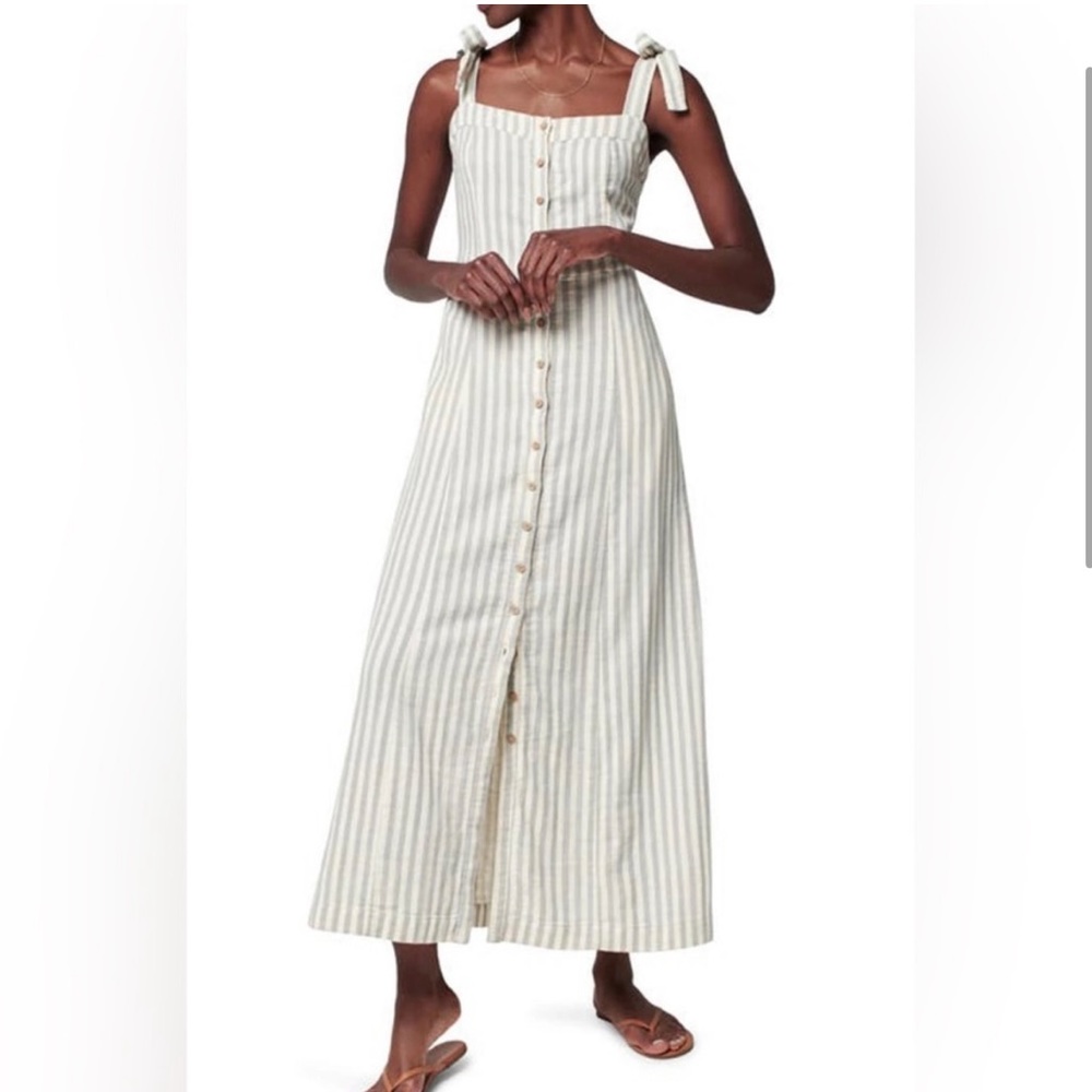 Faherty Cream and Tan Striped Linen Maxi Dress with Tie Straps - Picture 16 of 16
